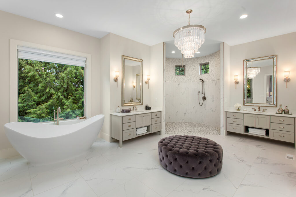 Elegant master bathroom in new luxury home, with two vanities