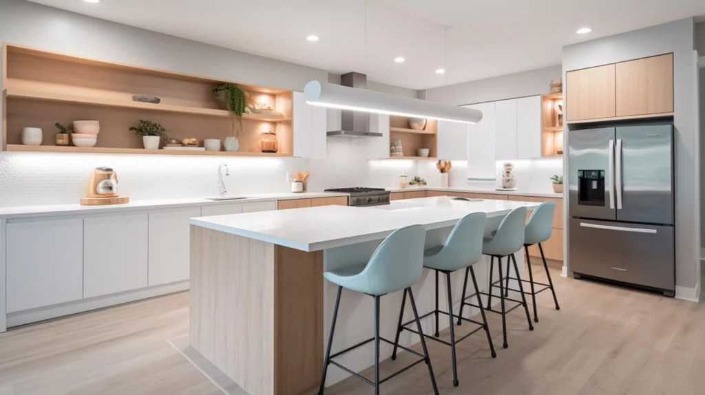 Modern white kitchen design with white countertop and open shelving