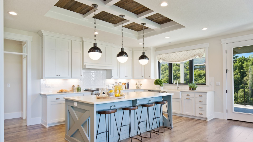 Farmhouse style kitchen with white cabinets and tops