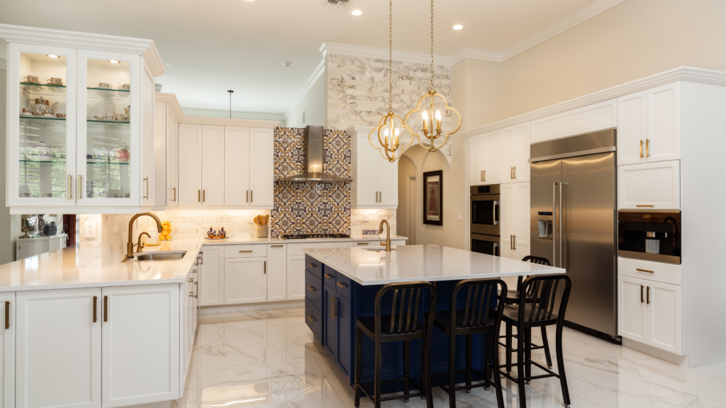 Luxury kitchen design with white and navy cabinets