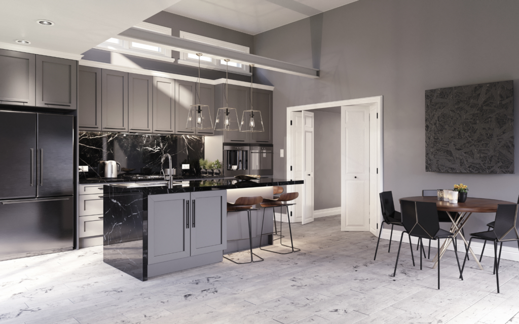 Modern kitchen with dark gray paint, gray cabinets and black tops
